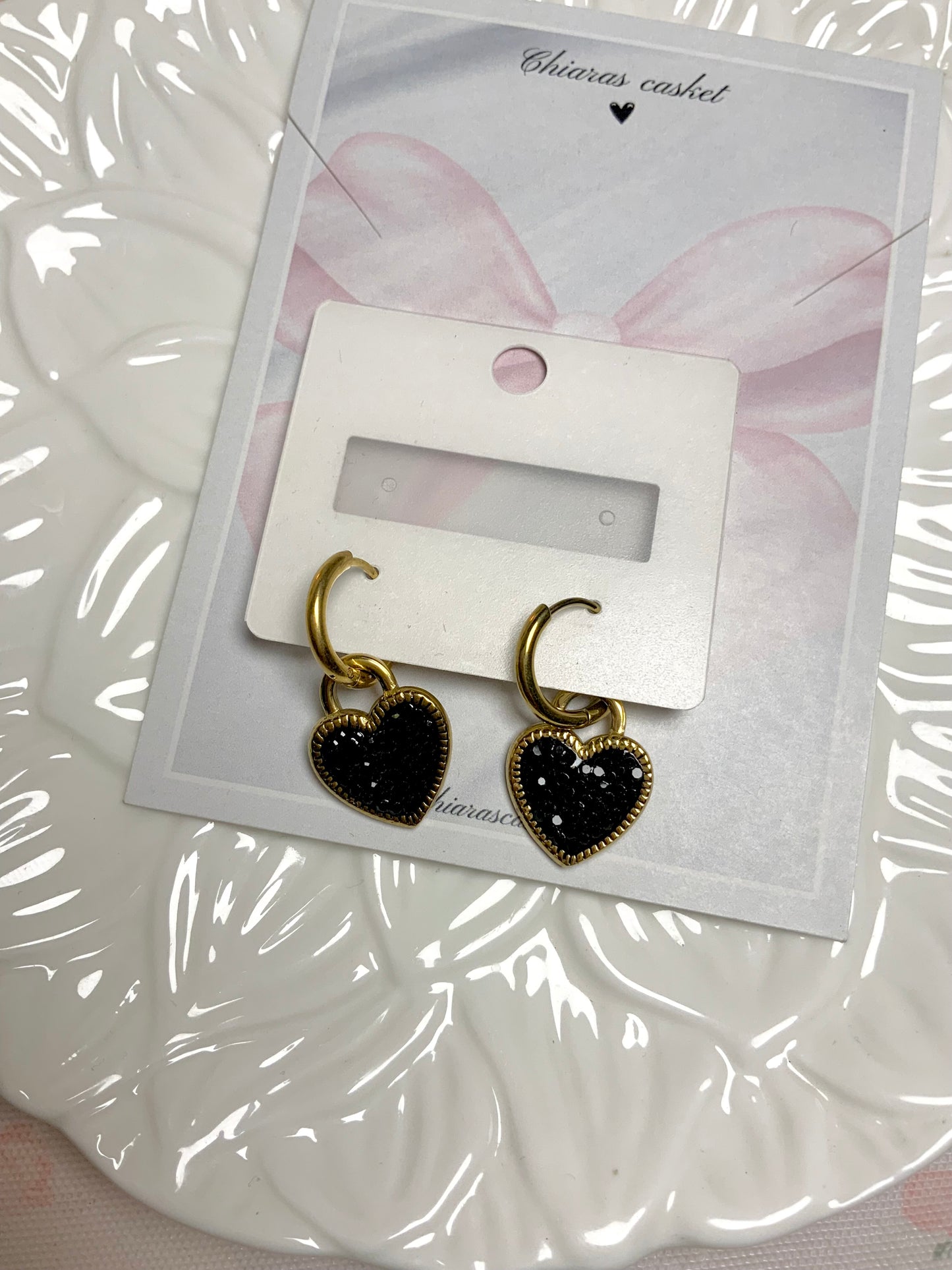 Black shimmer heart danglers